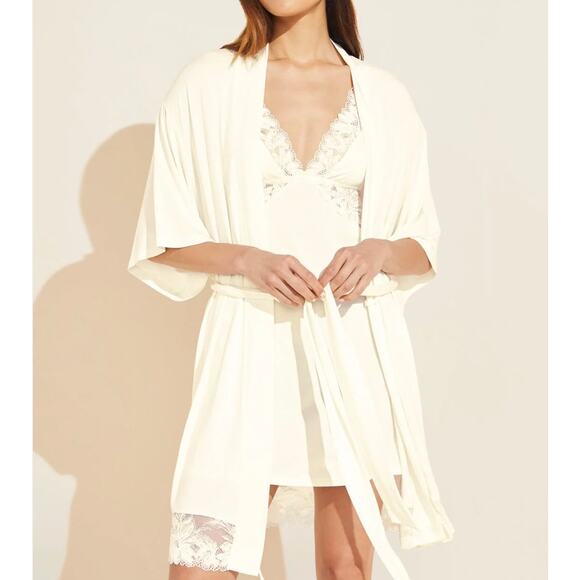 NWT‎ Eberjey Rosalia TENCEL Modal Lace Tie Waist Robe in Ivory - Large - Picture 1 of 14